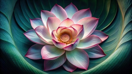 Poster - A delicate pink water lily blossom unfolds its petals, revealing the intricate beauty of its center, as it rests upon a bed of emerald green foliage.