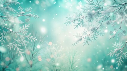Aufkleber - Winter Wonderland Frosted Branches Against a Soft Blue and White Background with Sparkling Lights and Falling Snow