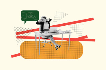 Poster - Composite trend artwork sketch image 3D photo collage of office manager comfy table armchair young lady sit relax speech cloud formalwear