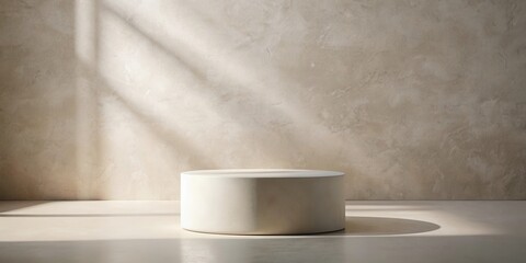 Poster - Minimalistic Product Display with a White Platform and Sunlight Casting Soft Shadows on a Textured Wall
