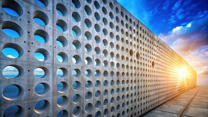 Poster - A Modern Architectural Design Featuring a Wall with Numerous Circular Openings, Allowing Sunlight to Filter Through, Creating a Striking Visual Effect
