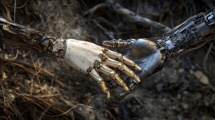 Poster - Hands of Robot and Human Touching. Cyborg finger about to touch human finger. Symbol of connection between people and artificial intelligence. Science, future technology. Vector Illustration.