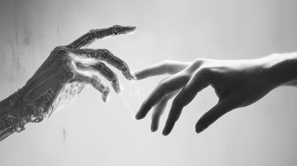 Poster - Hands of Robot and Human Touching. Cyborg finger about to touch human finger. Symbol of connection between people and artificial intelligence. Science, future technology. Vector Illustration.