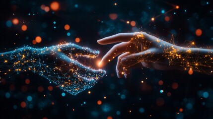 Poster - Hands of Robot and Human Touching. Cyborg finger about to touch human finger. Symbol of connection between people and artificial intelligence. Science, future technology. Vector Illustration.