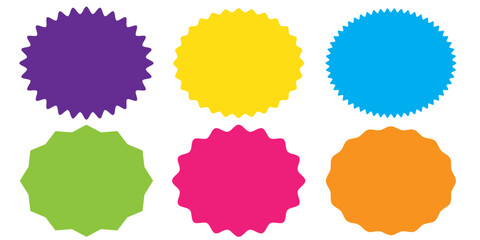 Different color starburst sunburst badges shapes, sticker set. Collection of special offer sale oval and round shaped sunburst labels and badges. Promo stickers with star edges.