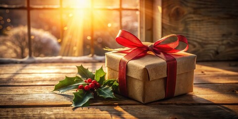 Poster - A Festive Gift Box Wrapped in Brown Paper and Adorned with a Red Ribbon on a Rustic Wooden Surface with Holly and a Sunlit Window in the Background