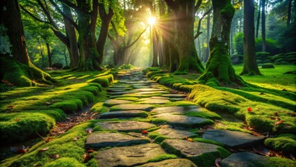 Poster - A sunlit stone path winds through a lush green forest, sunlight beams through the canopy and illuminates the moss-covered ground