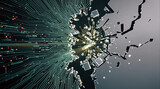 technical circuit lines shattered glass abstract effect explosion broken impact destruction hacked compromised system cybersecurity damage