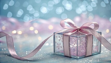 Wall Mural - A delicate pink gift box with a shimmering ribbon, beautifully arranged on a sparkling surface, creating a magical festive atmosphere.