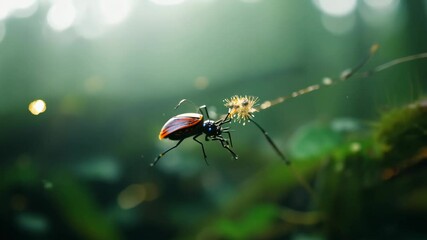 Poster - Colorful beetle interacts with delicate dandelion seeds in a lush forest setting