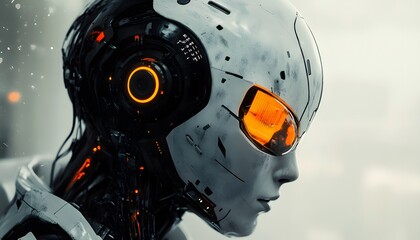 Poster - A close-up view of a futuristic robotic face, featuring intricate details and glowing orange elements, emphasizing the blend of technology and design in modern robotics.