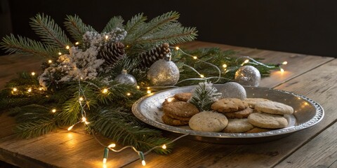 Poster - A silver platter filled with festive treats, surrounded by a snowy pine bough adorned with twinkling lights and sparkling ornaments.