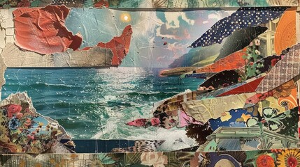 Poster - A vibrant collage depicting a coastal scene with textured elements and colorful patterns.