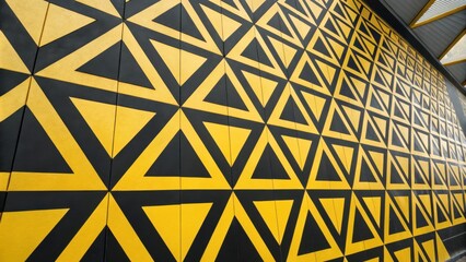 Leinwandbilder - A black and yellow geometric pattern of interlocking triangles creates a visually striking architectural design on a building wall.