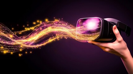 Poster - Virtual Reality Experience Hand Holding Headset with Glittering Stream