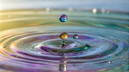 Poster - A single water drop, with iridescent colors, plunges through the surface of calm water, creating a beautiful ripple effect that resembles a kaleidoscope of colors.