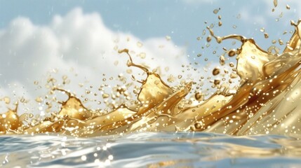 Poster - A close-up of golden liquid splashes against a serene blue sky background.