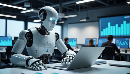 Poster - Innovative robot accountant streamlining financial tasks in a modern office setting