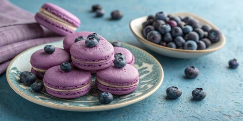 Poster - Purple macarons topped with blueberries on a blue plate with a bowl of blueberries in the background.