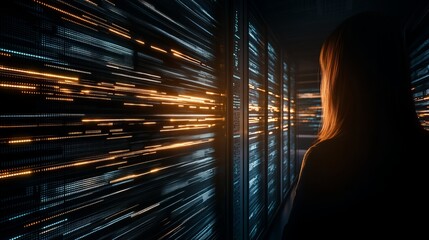 Poster - Woman Observing Data Streams in Server Room