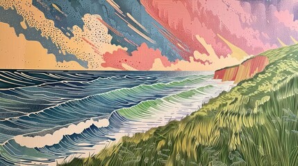 Poster - A vibrant coastal landscape with waves, grass, and a colorful sky.