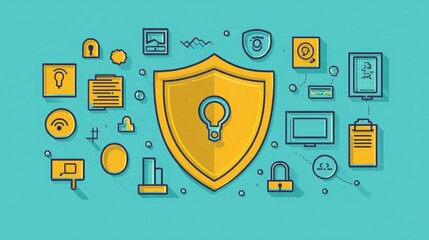 Poster - Illustrated shield surrounded by tech icons, emphasizing cybersecurity 