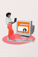 Fototapete - Composite trend artwork sketch image photo collage of team two young lady chatting meting remote video computer laptop display obsolete