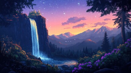 serene waterfall sunset landscape