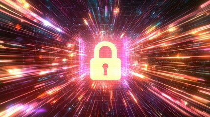 Poster - Glowing lock icon on a network grid with data streams in the background 