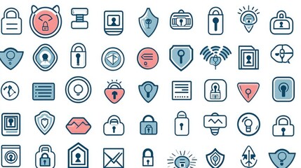 Poster - Minimalist icons for cybersecurity in a vector pattern, organized in rows 