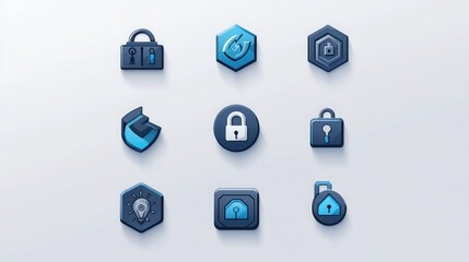 Poster - Icon grid with cybersecurity symbols in blue and gray against a light background 