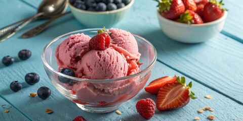 Poster - A refreshing bowl of pink ice cream topped with a raspberry and a few blueberries, resting on a blue wooden table next to a bowl of fresh strawberries.