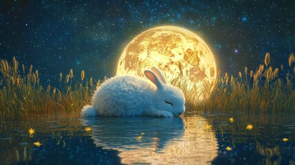 Wall Mural - A fluffy, beautiful little white rabbit lying on a gigantic moon, with the calm lake surface reflecting the moon, a starry night sky in the background, twinkling stars, Mid-Autumn Festival, 3D animati
