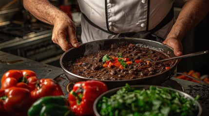 A chef serving a flavorful black bean dish, garnished with fresh vegetables.