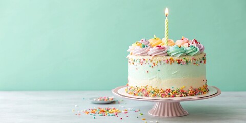 Poster - A single candle illuminates a pastel birthday cake, surrounded by colorful sprinkles, signifying a special occasion and the sweetness of celebration.