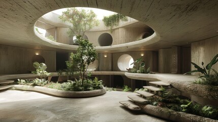 Aufkleber - A modern interior space with circular openings, greenery, and organic architectural forms.