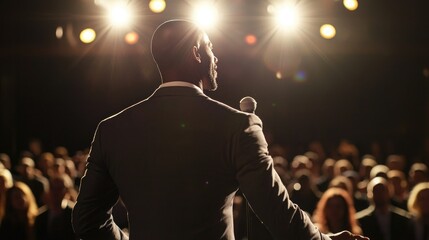Poster - Motivational speaker on stage, engaging with a crowd. 