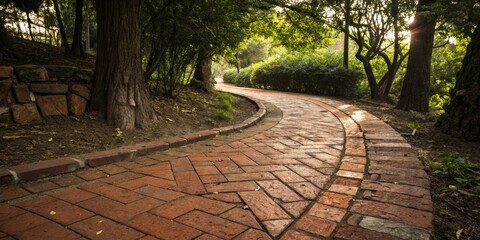 Fototapete - A brick path curves through the forest, sunlight filtering through the leaves and illuminating the path ahead