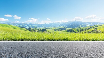 Wall Mural - Scenic highway road through green rolling hills and mountains under a blue sky.