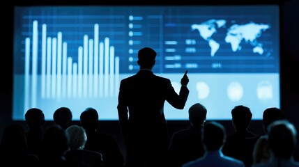 Poster - Executive presenting key data to engaged stakeholders on a large screen. 