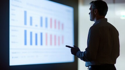 Poster - Executive presenting key data to engaged stakeholders on a large screen. 
