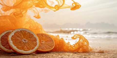 Aufkleber - A wave of orange juice crashes on the shore, creating a vibrant and refreshing scene.