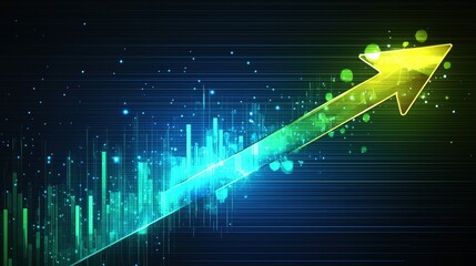 Fototapete - Digital bar graph with a green upward arrow, symbolizing growth, progress, and financial success. Perfect for business analytics, market trends, and economic development themes.