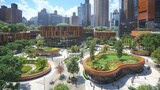 Modern urban plaza with greenery, buildings, and people enjoying the space.