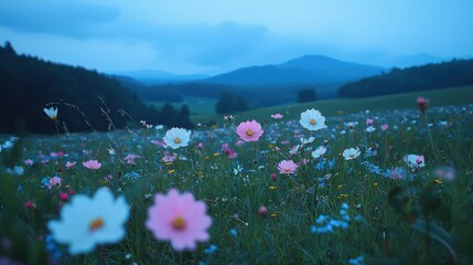 Sticker - Serene twilight landscape with vibrant cosmos flowers blooming in a field, mountains in the background.