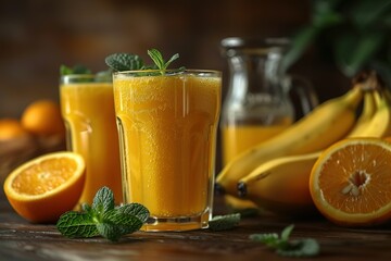 Two glasses of orange juice with a banana and a bunch of oranges on a table