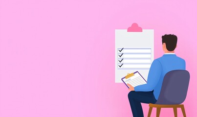 Poster - Checklist and decision making. A person reviewing a checklist on a clipboard against a pink background.