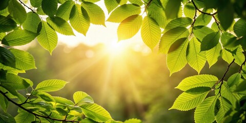 Poster - A radiant sunset shines through a canopy of vibrant green leaves, casting a warm glow on the forest floor.