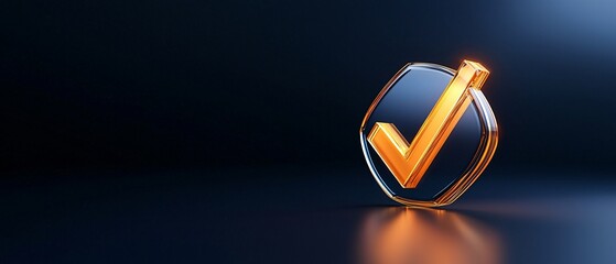 Poster - Checklist and decision making. 3D orange checkmark symbol on a dark background, representing approval and confirmation.