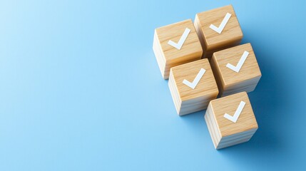 Poster - Checklist and decision making. Wooden blocks with check marks on a blue background, symbolizing approval and success.